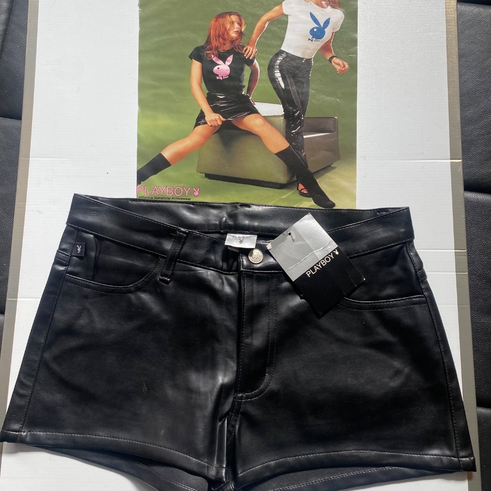 Ladies Playboy Premium P U Black Leather Hot Shorts Sz 32